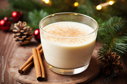 Traditional Christmas drink eggnog with grated nutmeg and cinnamon. Christmas lights in the background.