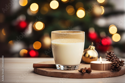 Traditional Christmas drink eggnog with grated nutmeg and cinnamon. Christmas lights in the background.