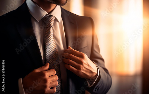 Closeup photo of businessman adjusting his necktie.