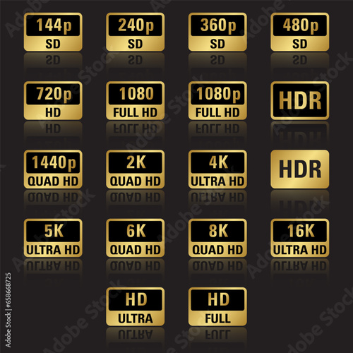 Vector illustration 4K, UHD, Quad HD, Full HD, HD, HDR and SD resolution presentation nameplates of gold gradient color on black background.