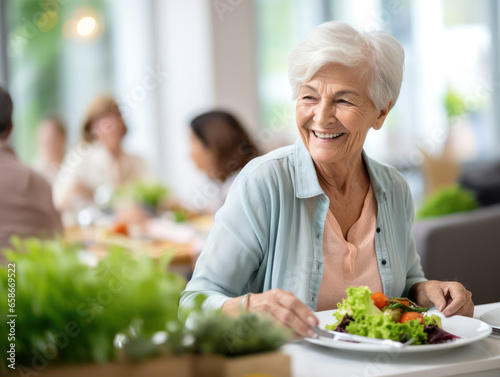 Happy elderly women enjoying healthy lunch outdoors, health and happiness concept