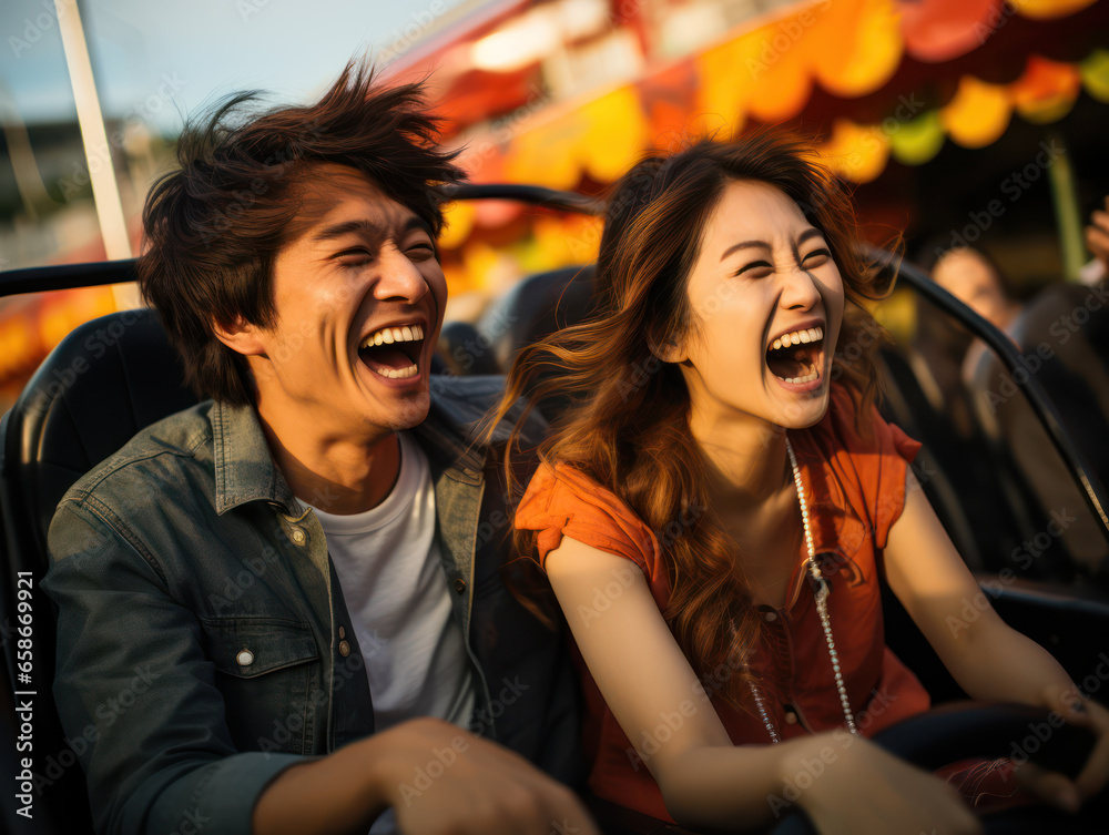 Excited Asian couple enjoying thrilling and exciting rides at amusement park