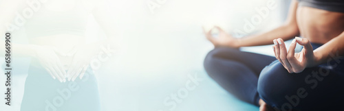 Banner, yoga and meditation, woman in lotus pose with mockup for health and wellness in home. Peace, zen mindset and calm girl on floor with commitment, double exposure and space for mindfulness.