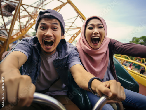 Excited Indonesian couple enjoying thrilling and exciting rides at amusement park