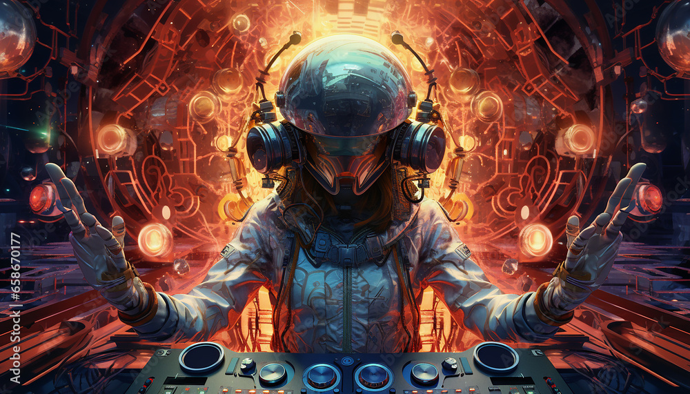 Obraz premium Hightech future of music and dance and djing in festivals with hitech music in psychedelic atmosphere
