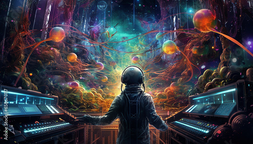 Hightech future of music and dance and djing in festivals with hitech music in psychedelic atmosphere