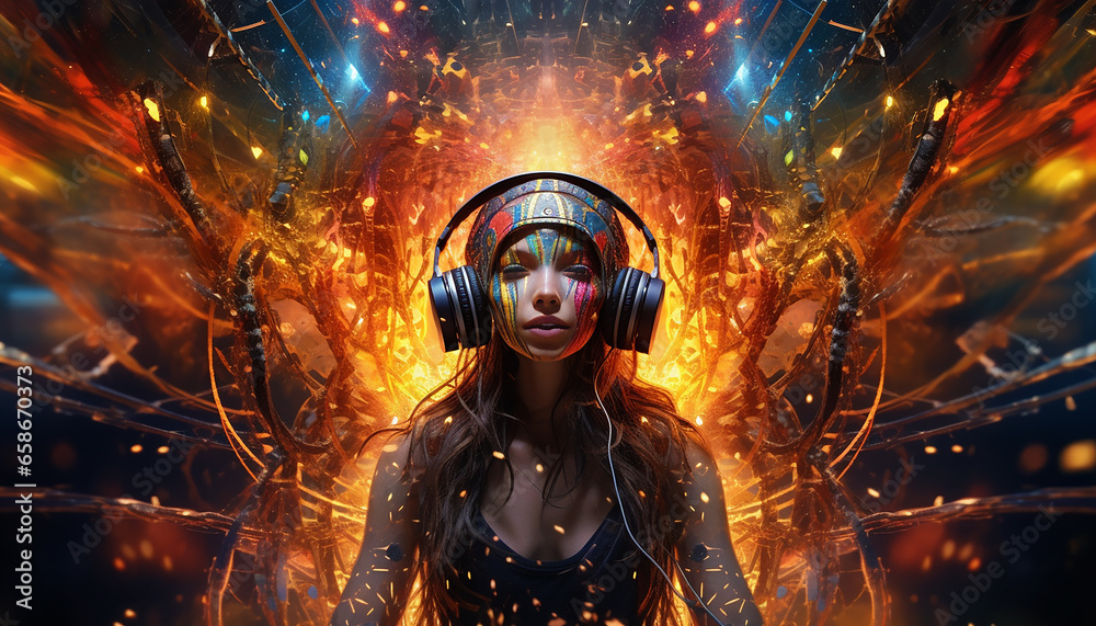 Hightech future of music and dance and djing in festivals with hitech music in psychedelic atmosphere Hightech future of music and dance and djing in festivals with hitech music in psychedelic atmosphere