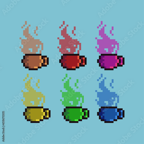 Pixel art sets of mug glass with variation color item asset. Simple bits of mug glass on pixelated style. 8bits perfect for game asset or design asset element for your game design asset