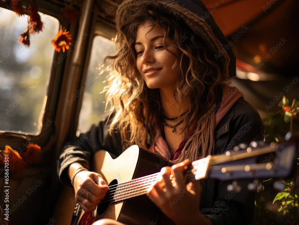 Young girl with long hair playing acoustic guitar and smiling in caravan