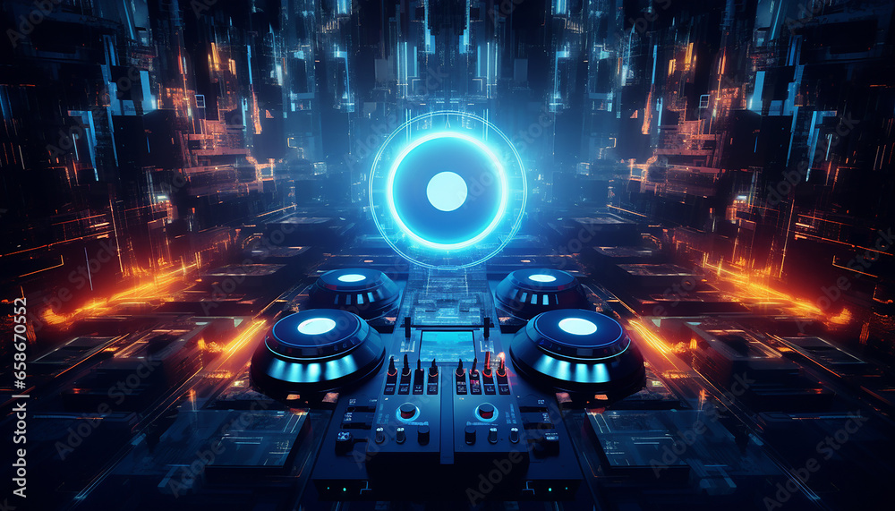 Hightech future of music and dance and djing in festivals with hitech music in psychedelic atmosphere Hightech future of music and dance and djing in festivals with hitech music in psychedelic atmosphere