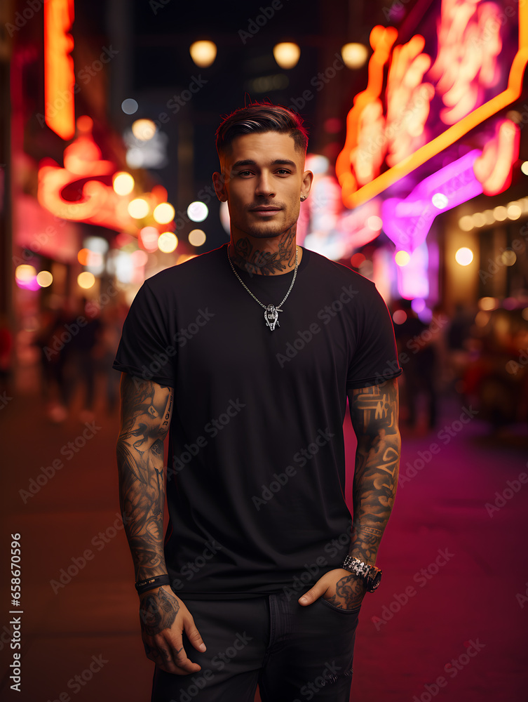 Man wearing a black t-shirt, t-shirt mockup. Generative AI Man wearing a black t-shirt, t-shirt mockup. Generative AI