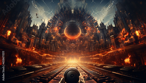 Hightech future of music and dance and djing in festivals with hitech music in psychedelic atmosphere