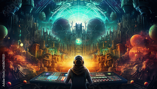 Hightech future of music and dance and djing in festivals with hitech music in psychedelic atmosphere