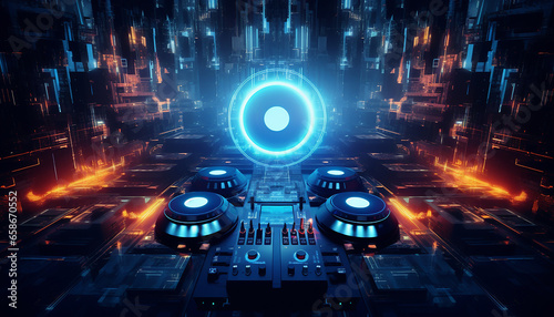 Hightech future of music and dance and djing in festivals with hitech music in psychedelic atmosphere