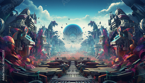 Hightech future of music and dance and djing in festivals with hitech music in psychedelic atmosphere