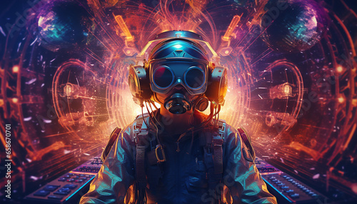 Hightech future of music and dance and djing in festivals with hitech music in psychedelic atmosphere