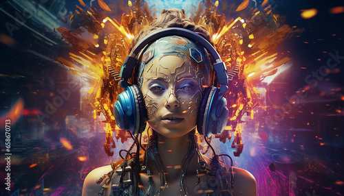 Hightech future of music and dance and djing in festivals with hitech music in psychedelic atmosphere