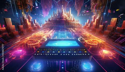 Hightech future of music and dance and djing in festivals with hitech music in psychedelic atmosphere