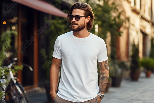 Man wearing a white t-shirt, t-shirt mockup. Generative AI