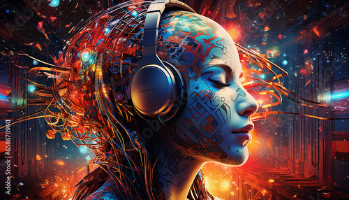 Hightech future of music and dance and djing in festivals with hitech music in psychedelic atmosphere