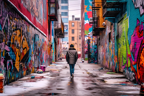 person walking in the city surrounded by graffiti art