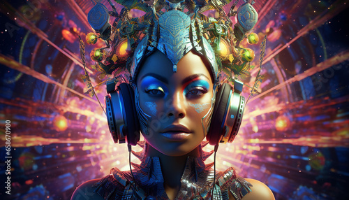 Hightech future of music and dance and djing in festivals with hitech music in psychedelic atmosphere