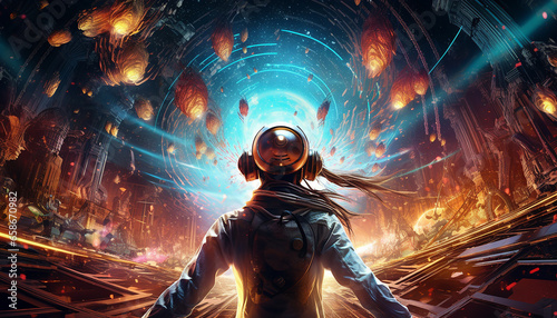 Hightech future of music and dance and djing in festivals with hitech music in psychedelic atmosphere