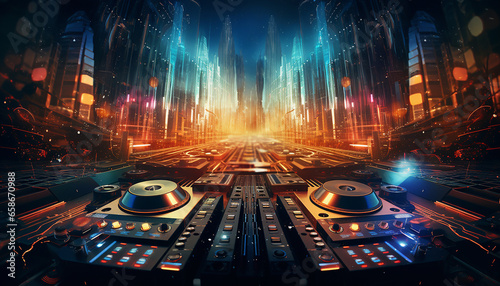 Hightech future of music and dance and djing in festivals with hitech music in psychedelic atmosphere