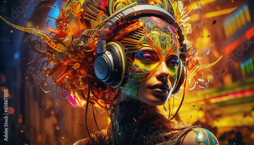Hightech future of music and dance and djing in festivals with hitech music in psychedelic atmosphere