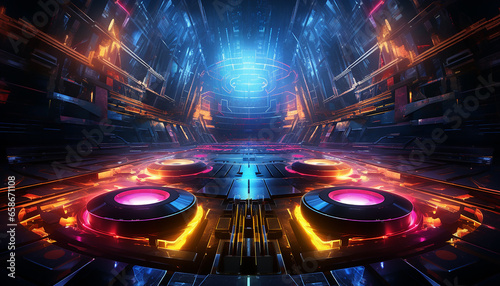 Hightech future of music and dance and djing in festivals with hitech music in psychedelic atmosphere