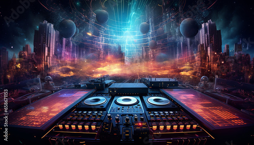 Hightech future of music and dance and djing in festivals with hitech music in psychedelic atmosphere