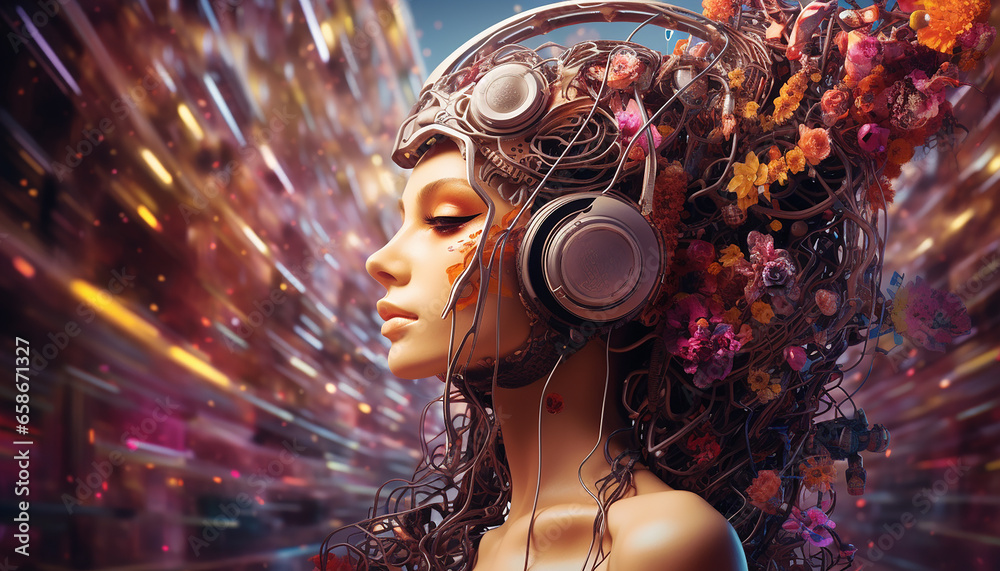 Hightech future of music and dance and djing in festivals with hitech music in psychedelic atmosphere Hightech future of music and dance and djing in festivals with hitech music in psychedelic atmosphere