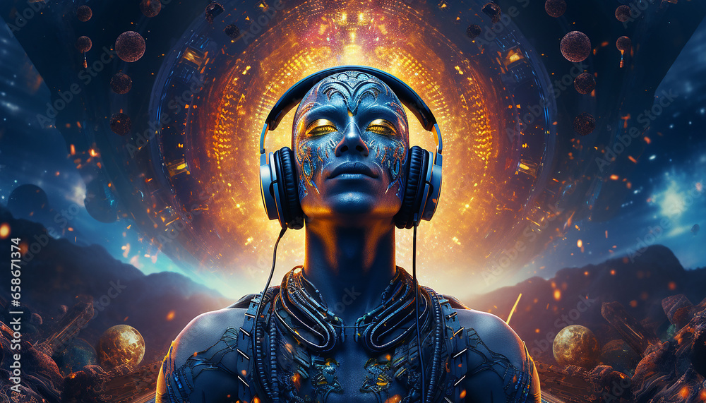 Hightech future of music and dance and djing in festivals with hitech music in psychedelic atmosphere