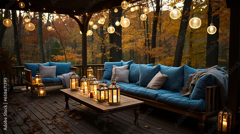 wooden sofa with pillows illuminated by the warm glow of lanterns in the evening terrace of cafe near forest and fall leaves, created with Generative AI Technology. - obrazy, fototapety, plakaty 