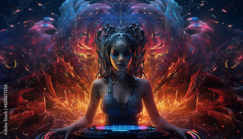 Hightech future of music and dance and djing in festivals with hitech music in psychedelic atmosphere