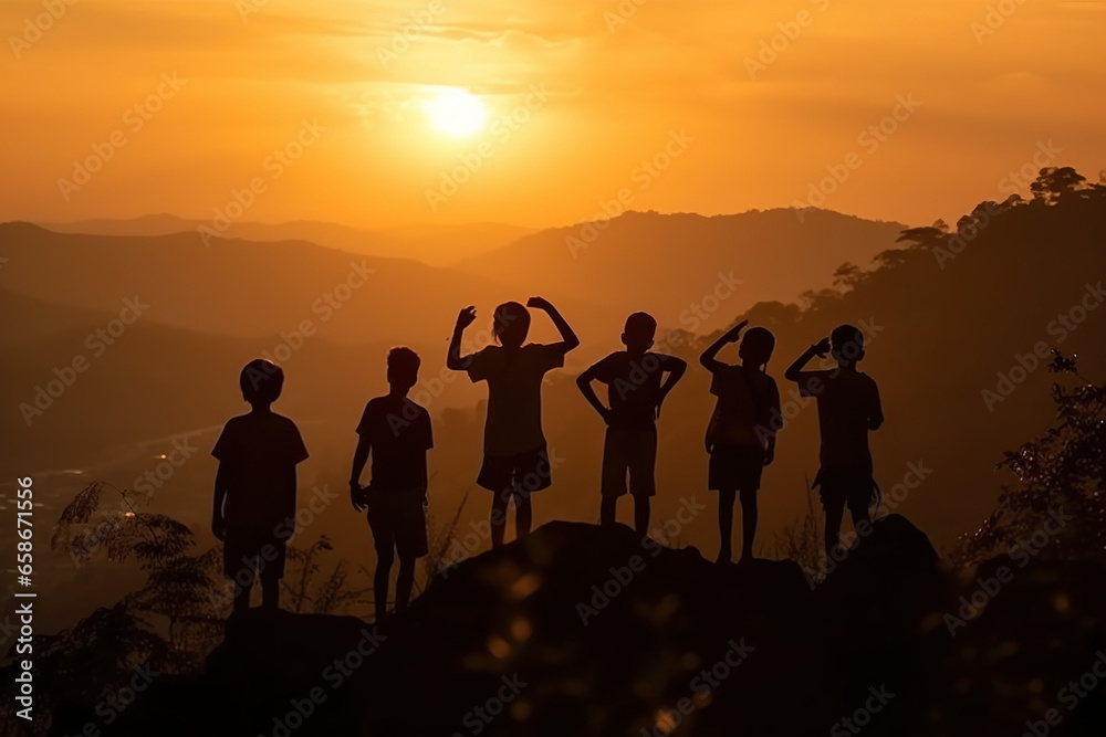 close up of Silhouettes Of Children Jumping And Standing on high mountain peak