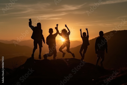 close up of Silhouettes Of Children Jumping And Standing on high mountain peak