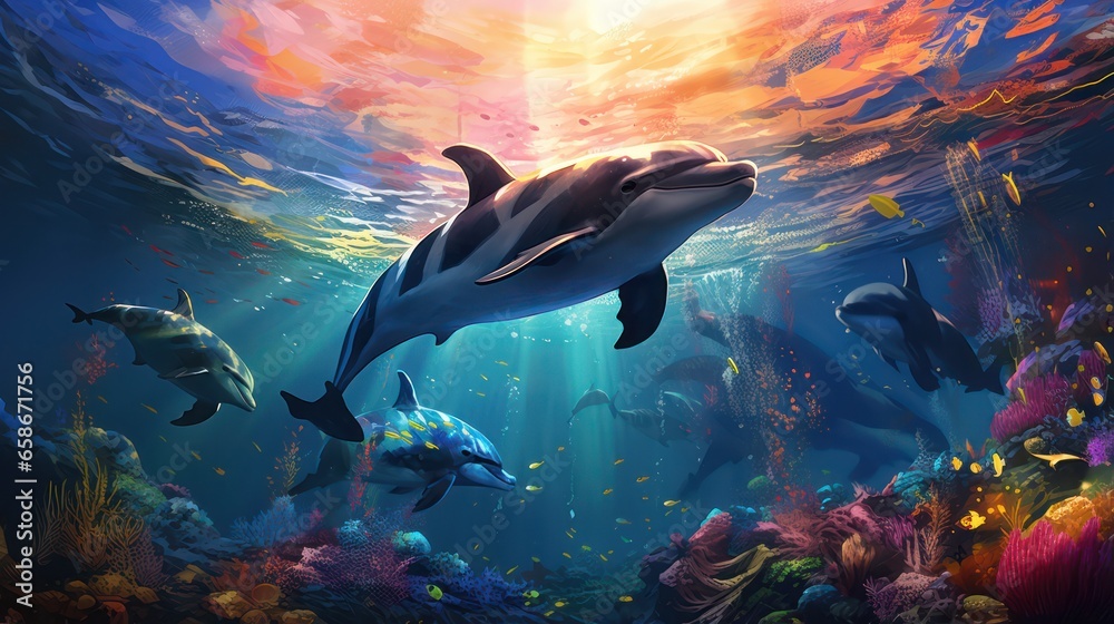 Obraz premium Illustration of Dolphin in Neon Colors Scheme