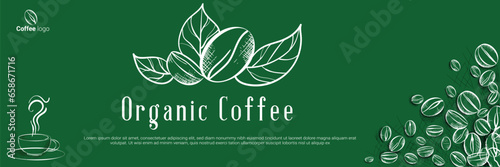 Banner organic coffee Design, template design for coffee roaster concept, bakery banner for eco store and market, flower panoramic background with vector coffee beans illustration in engraving style.