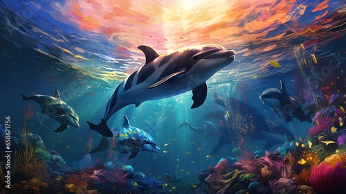 Illustration of Dolphin in Neon Colors Scheme © Left