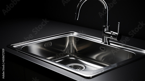 Black stainless steel kitchen sink with stainless steel faucet in minimalist simple design closeup, created with Generative AI Technology.