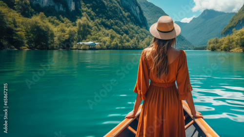 Beautiful young woman traveling by boat , Standing on the boat at tropical island beach lagoon © Atchariya63