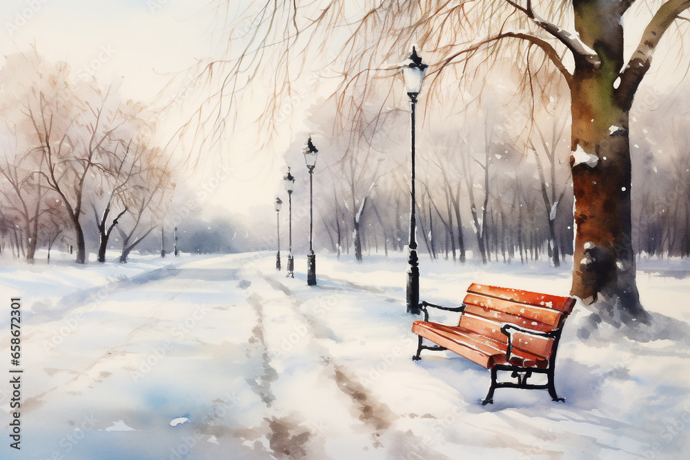 watercolor bench in park among the trees ground cover with snow . watercolor bench in park among the trees ground cover with snow .