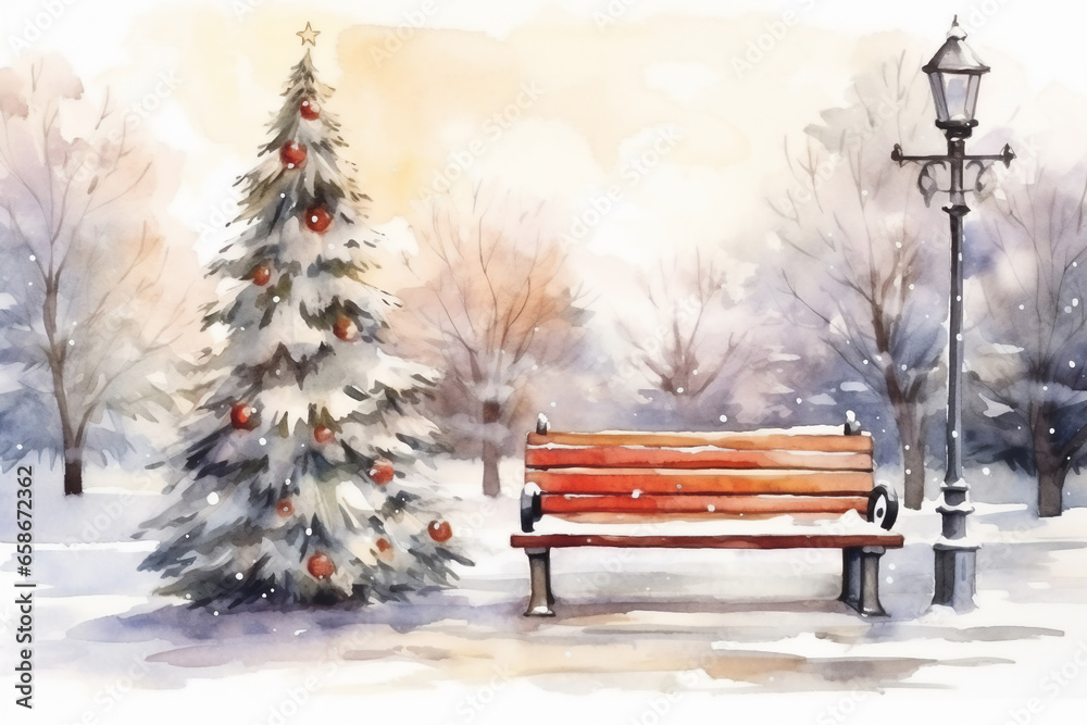 watercolor bench in park among the trees ground cover with snow .