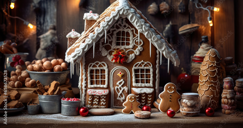 Obraz premium A Gingerbread House in a Winter Wonderland: A Sweet and Festive Scene,christmas gingerbread house,gingerbread house with christmas decoration