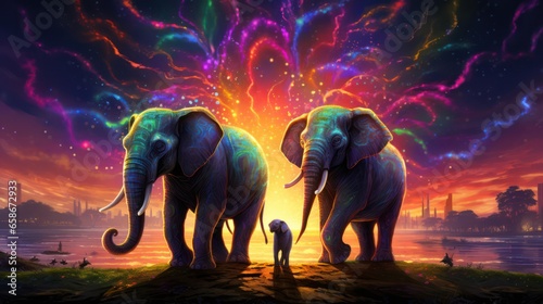 Illustration of Elephants in Neon Colors Scheme