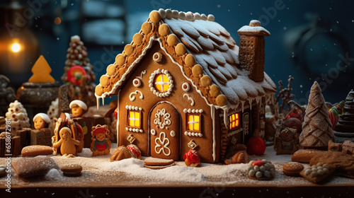 A Gingerbread House in a Winter Wonderland: A Sweet and Festive Scene,christmas gingerbread house,gingerbread house with christmas decoration © Moon