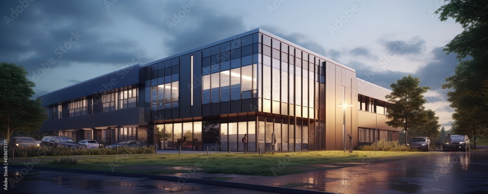 Sleek Office Elegance: 3D Render of Large Glass Facade Building Sleek Office Elegance: 3D Render of Large Glass Facade Building
