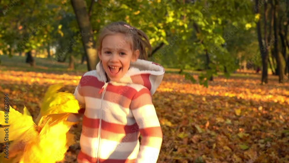Camera movement on happy girl runs and laughs on fallen leaves in autumn park at sunset. Little child plays outdoors. Leisure, weekend, active games Camera movement on happy girl runs and laughs on fallen leaves in autumn park at sunset. Little child plays outdoors. Leisure, weekend, active games