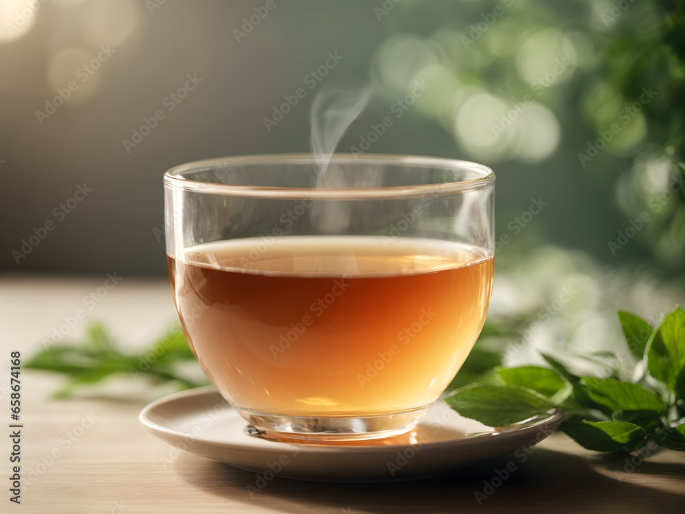 Fototapeta premium A tea with glass cup on wooden and peaceful morning scene with isolated in a light color background